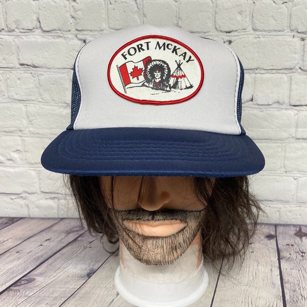 Vintage Trucker Hat Mesh Cap Snapback Navy Blue Fort McKay Patch Canada Flag